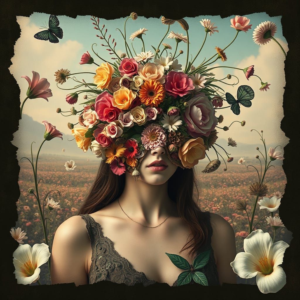 Woman in Floral Mask in Surreal Landscape