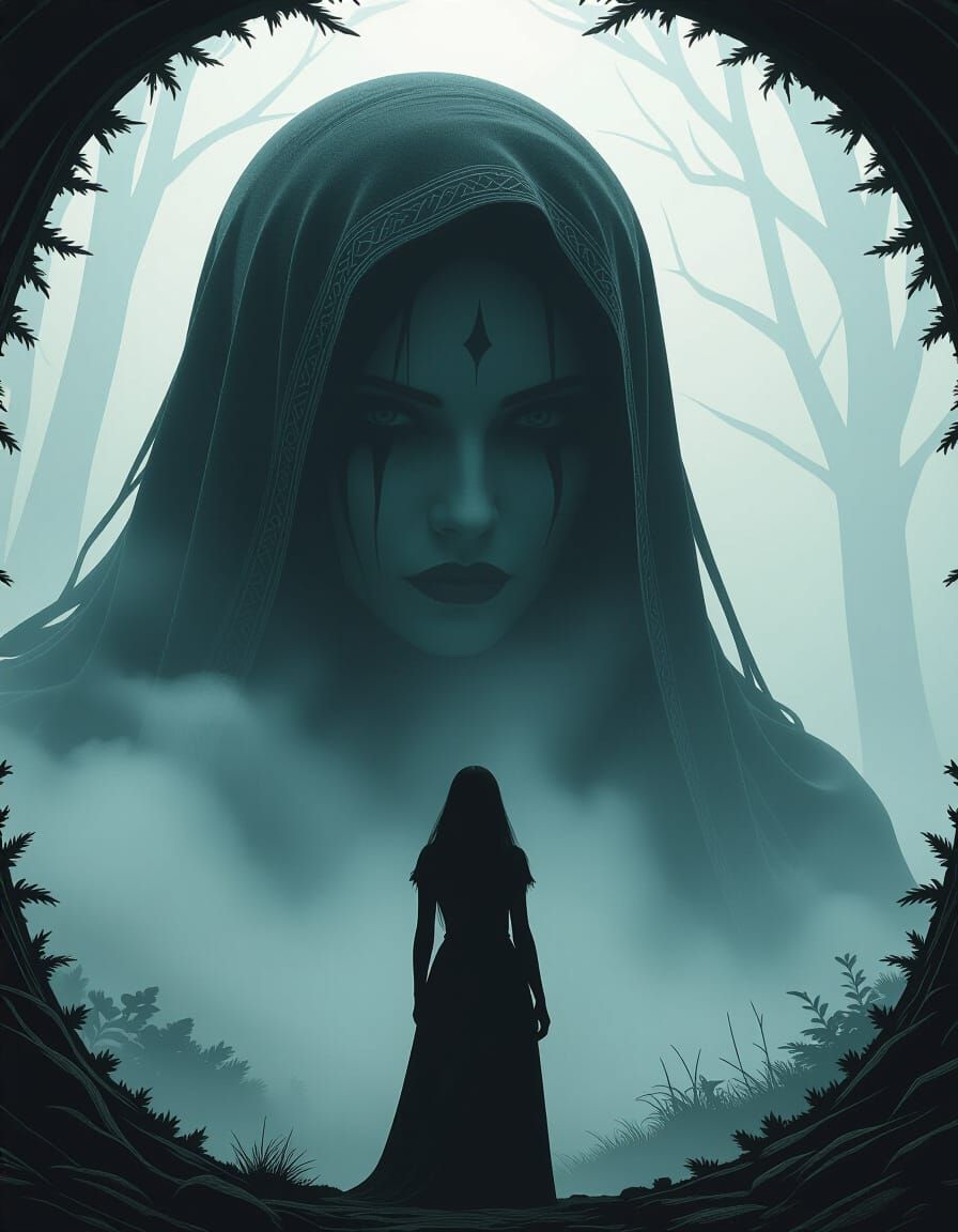 Mystical Woman in Dark Foggy Forest