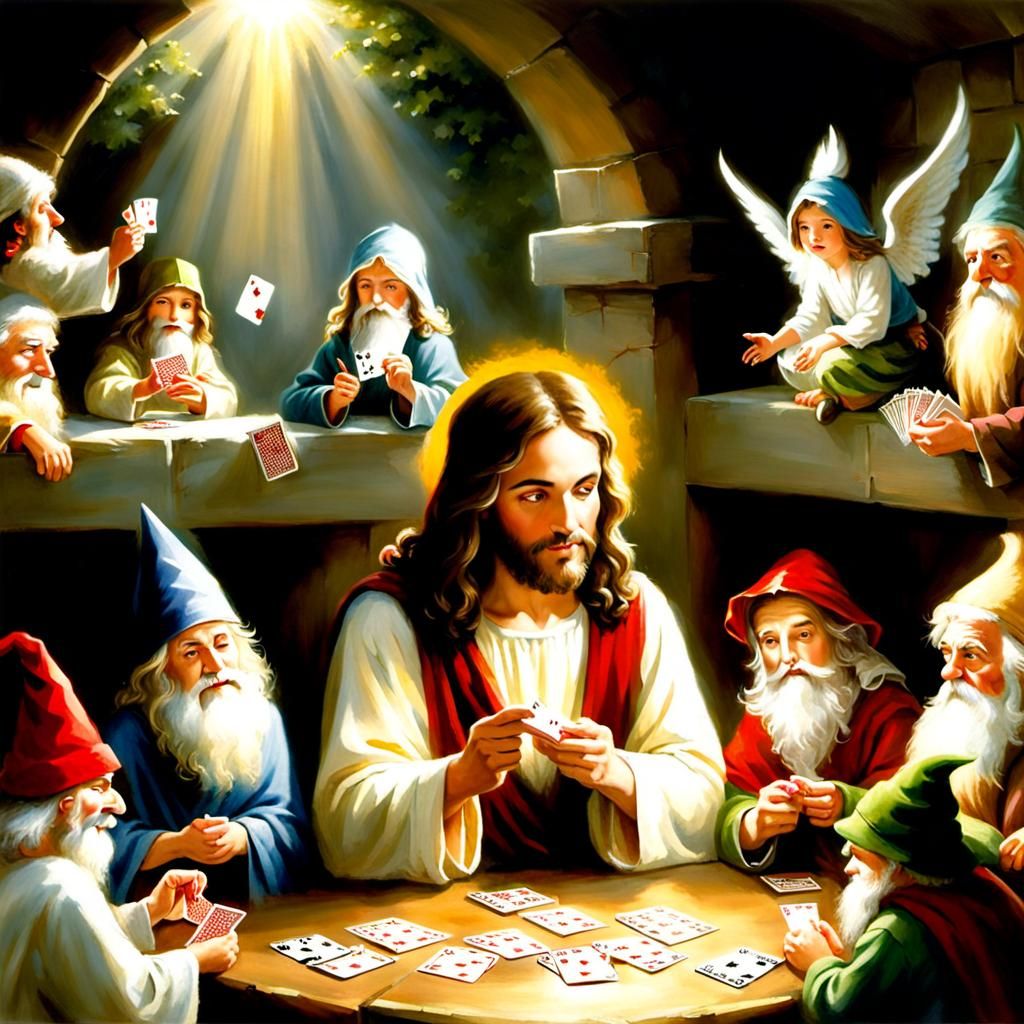 Jesus Playing Cards with Pixies in Heaven: Fantasy Painting