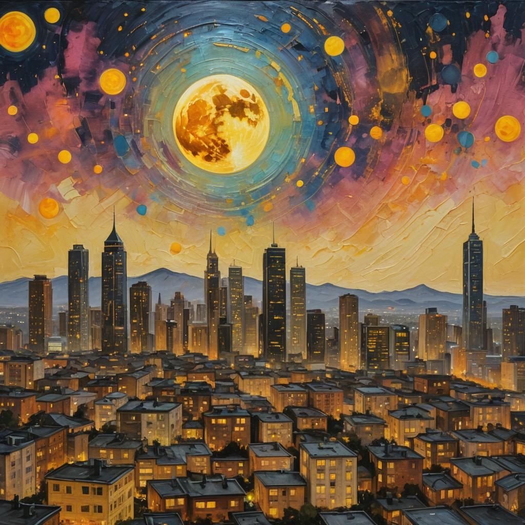 Giant Super Moon Cityscape with Luminous Skyscrapers