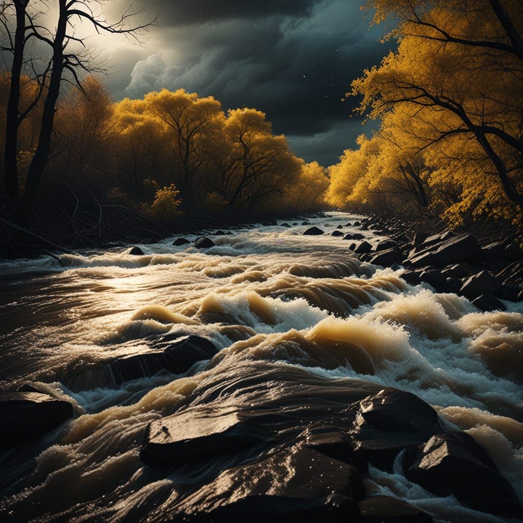 River in Turbulent Flood, Cinematic 35mm Film Style