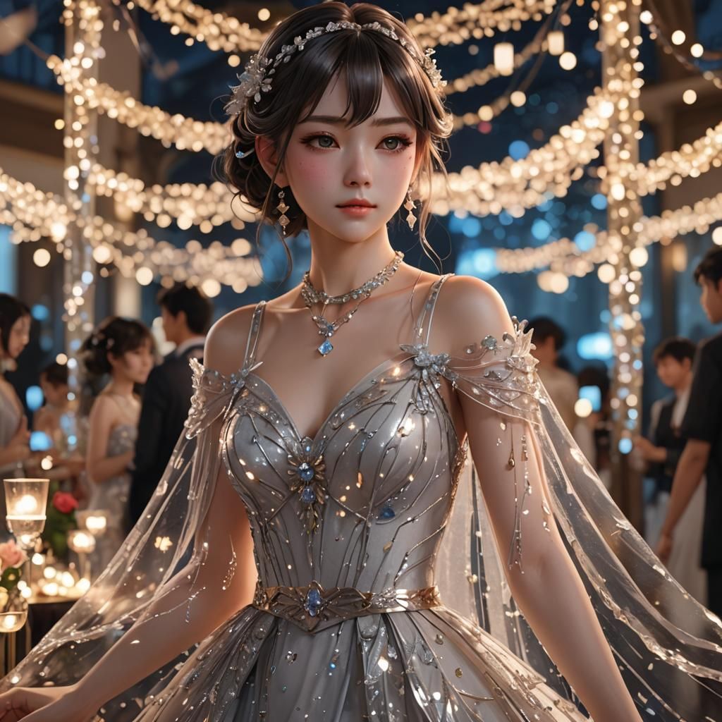 Anime Girl in Lavish Dress at Party