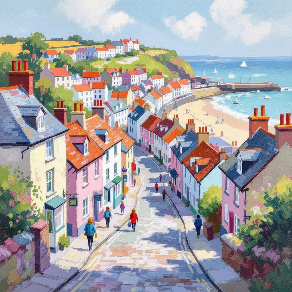Quaint Whitby Landscape in Pastel Gouache Style