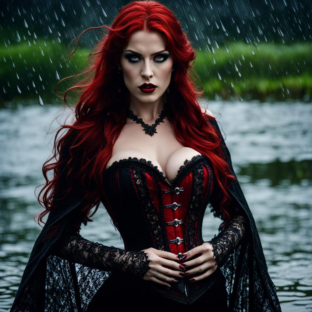 Redhead Vampire in Stormy Lake: Photorealistic Close-Up