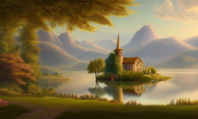 Neo-Romanesque Farmhouse by Lake in Pastel Colors