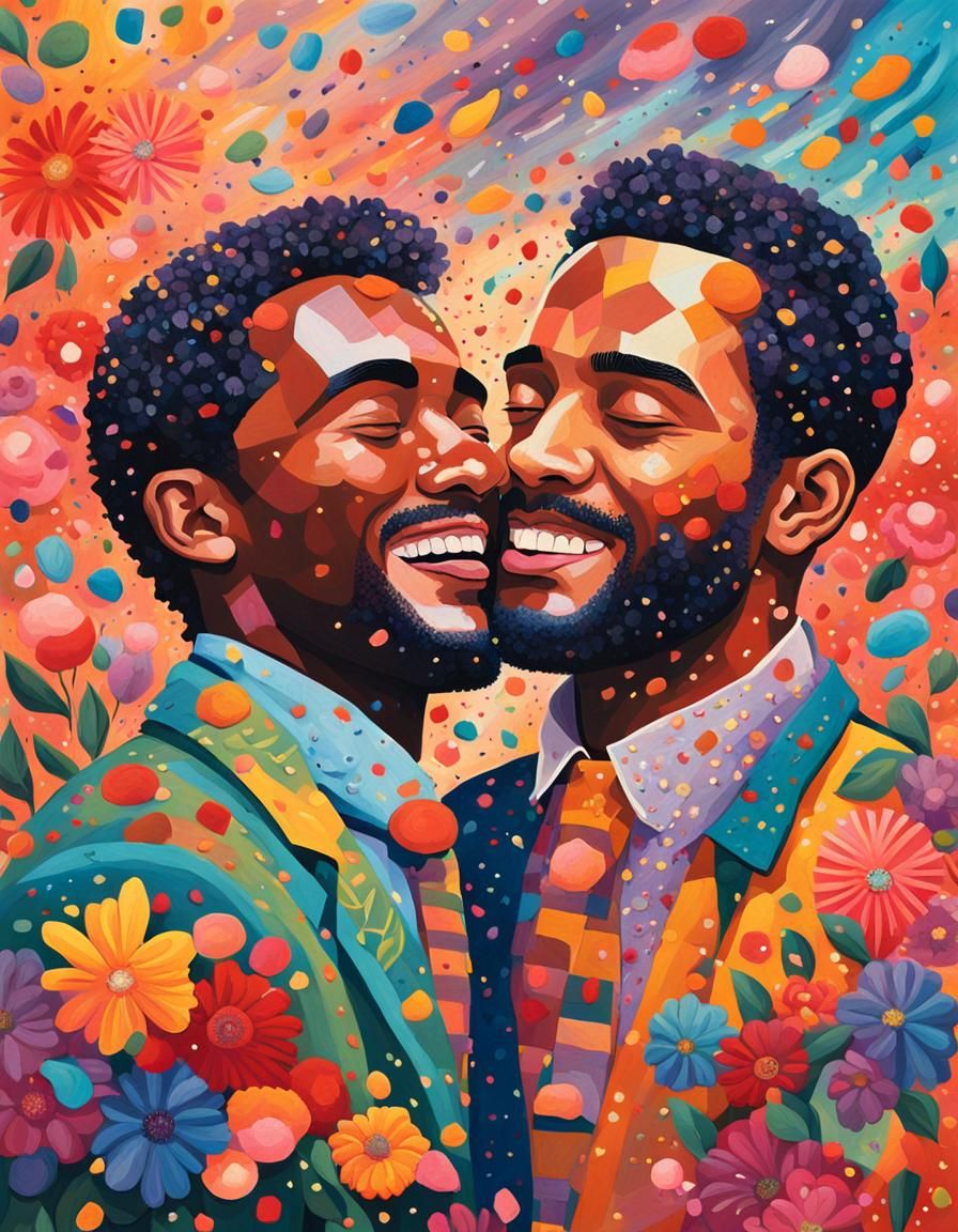 Naive Art: Two Men Embracing in Pastel Colors