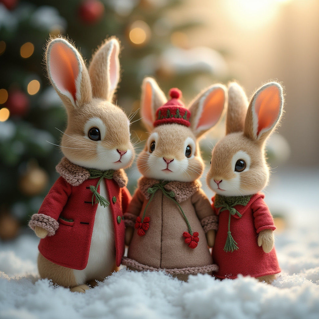 Christmas Bunnies in Wool, Storybook Art