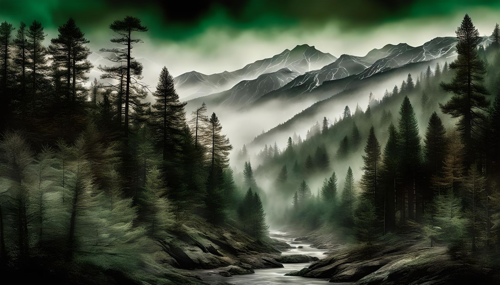 Silver Stream Through Misty Dark Pine Woods