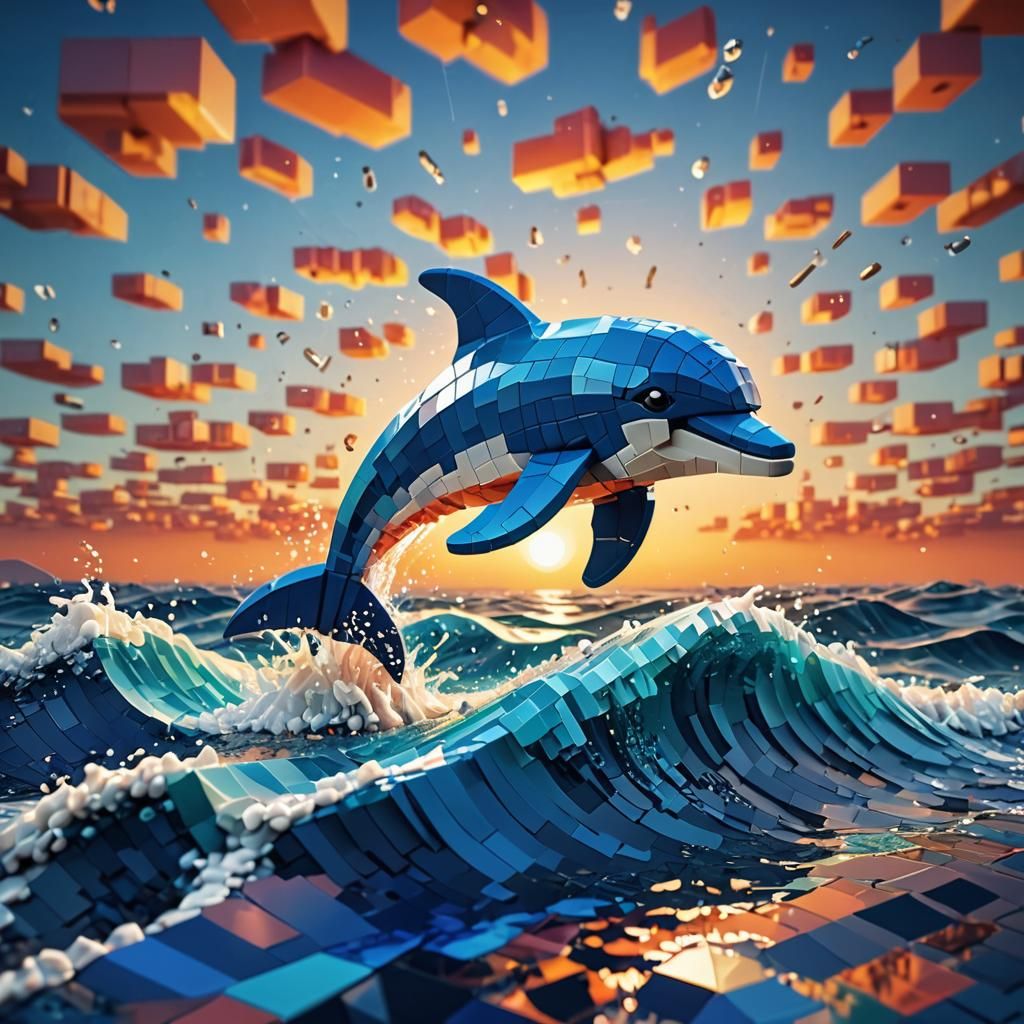 Lego Dolphin Pixel Art in Cubist Sunset