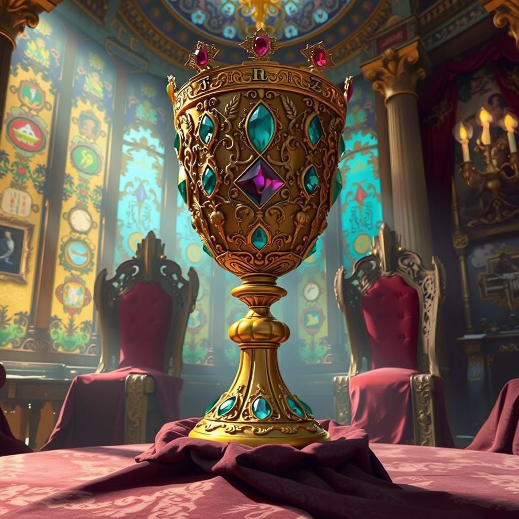 Golden Chalice in Ornate Throne Room, Fantasy Art