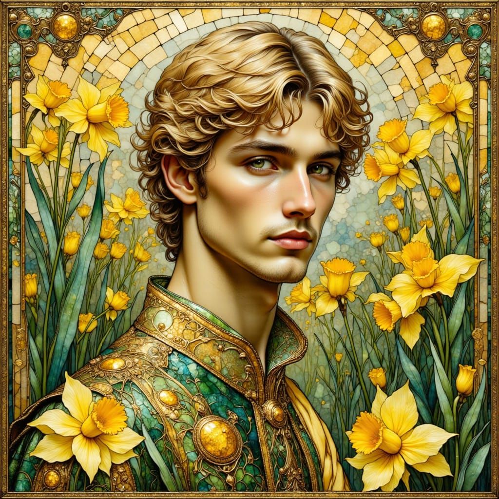 Medieval Man in Daffodil Garden as Stained Glass