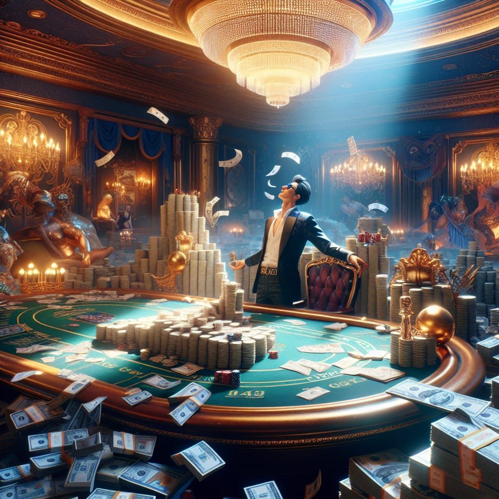 Wealthy Man Surrounded by Money in Fantasy Casino