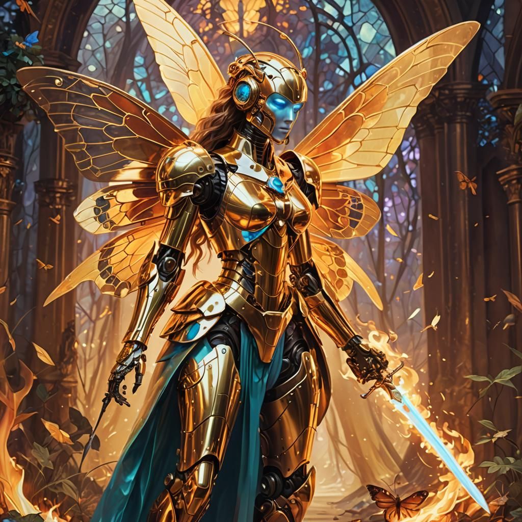 Robot Insect Woman with Sword, in Pre-Raphaelite Style