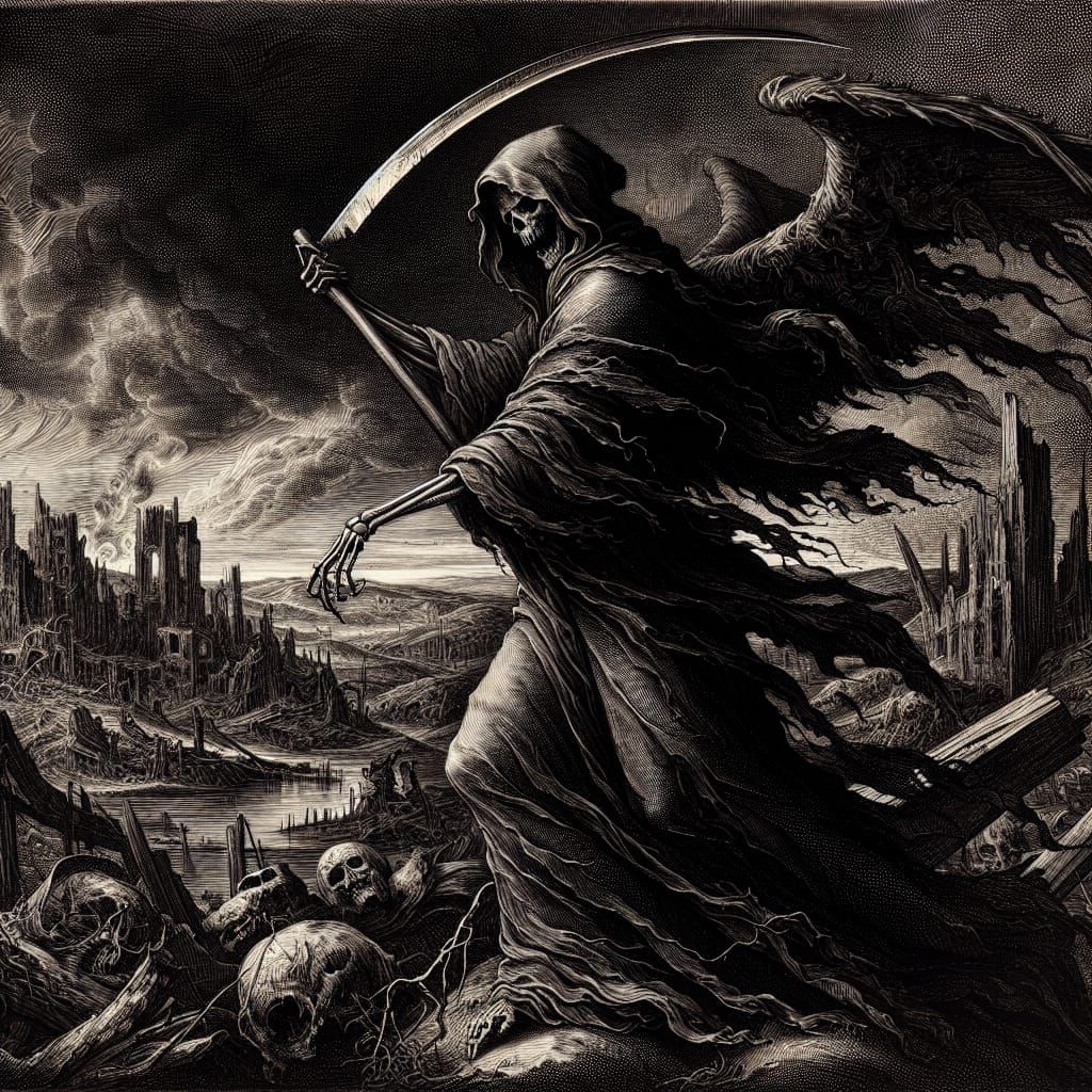 Death as a Grim Reaper in a Ruined City, in Hyper-Detailed E...