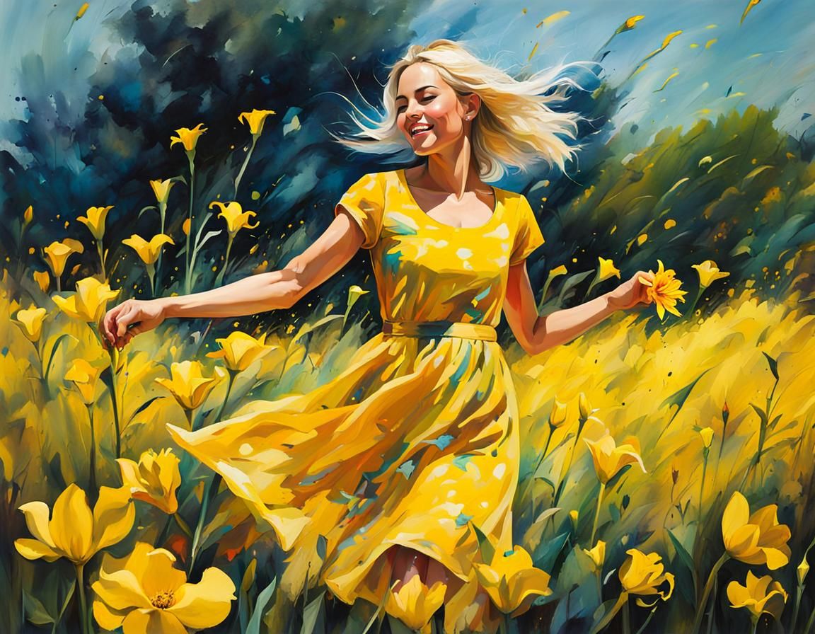 Woman Dancing in Yellow Field: Graffiti Art Style