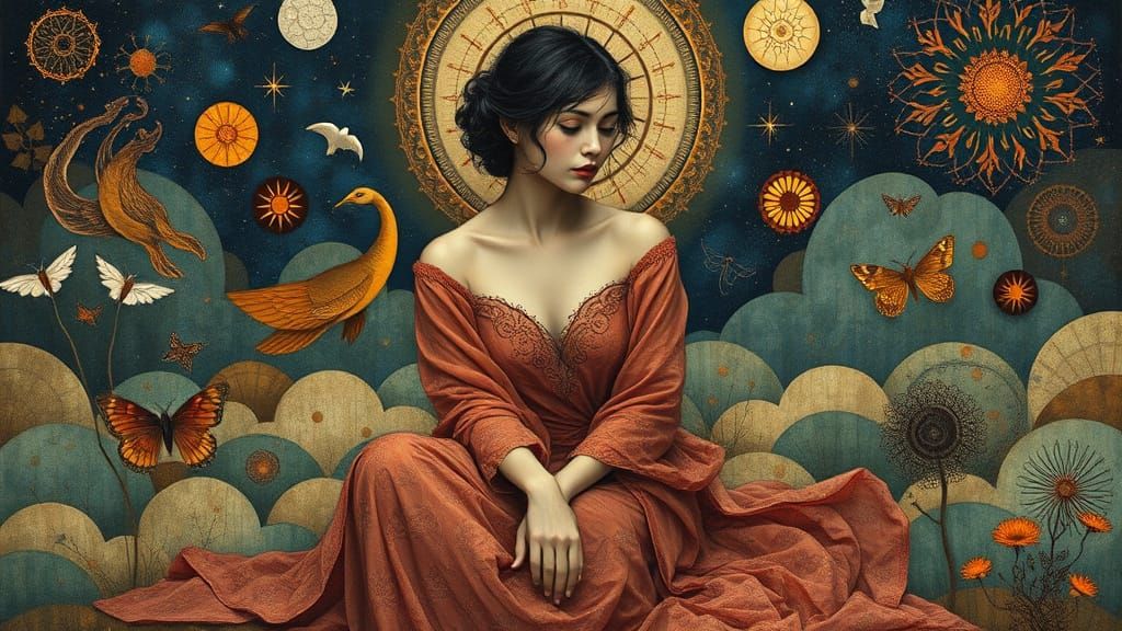 Surreal Figure Surrounded by Whimsical Textures in Dreamlike...