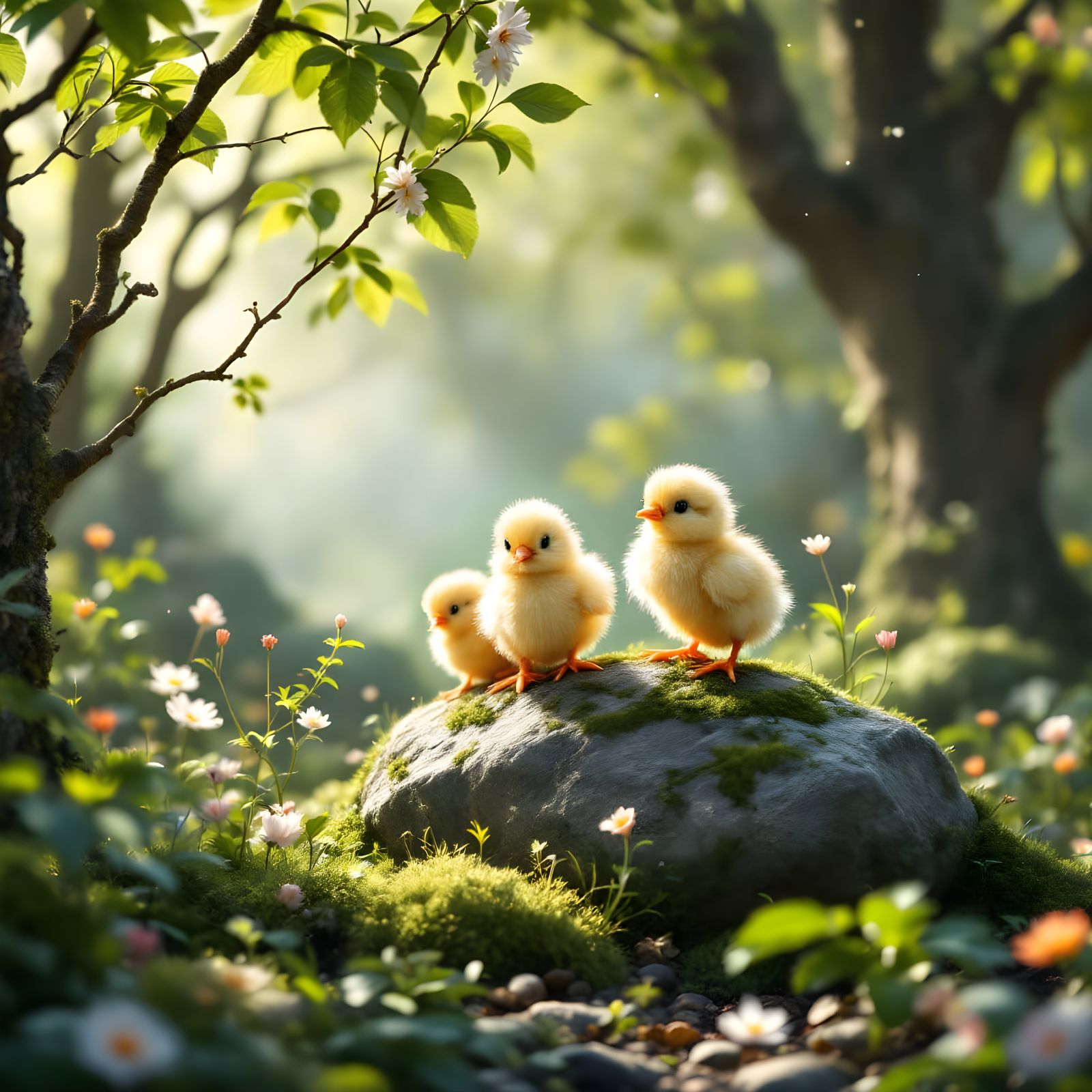 Primeval Spring Forest Scene with Playful Chicks