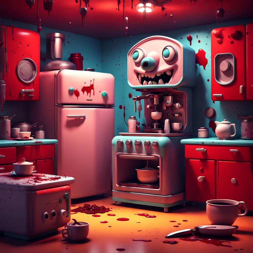 Cartoon Monster Appliances in 1950s Kitchen