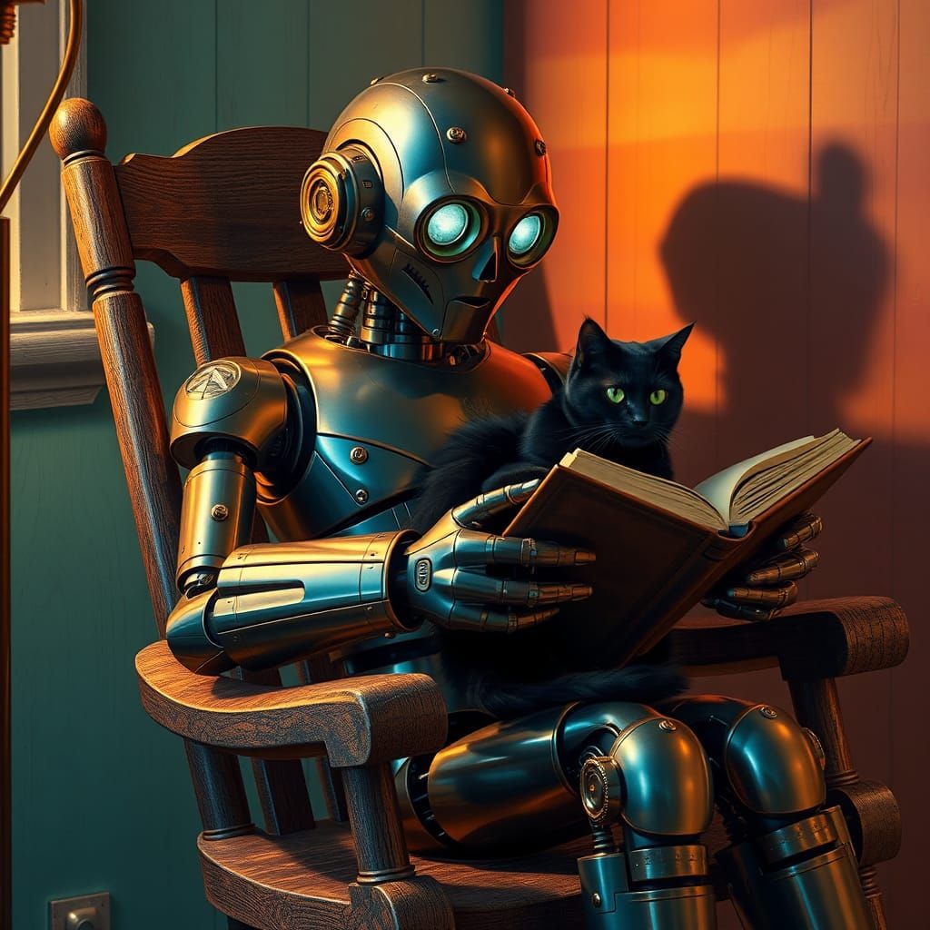 Hyperrealistic Robot Reading to Cat in Rocking Chair