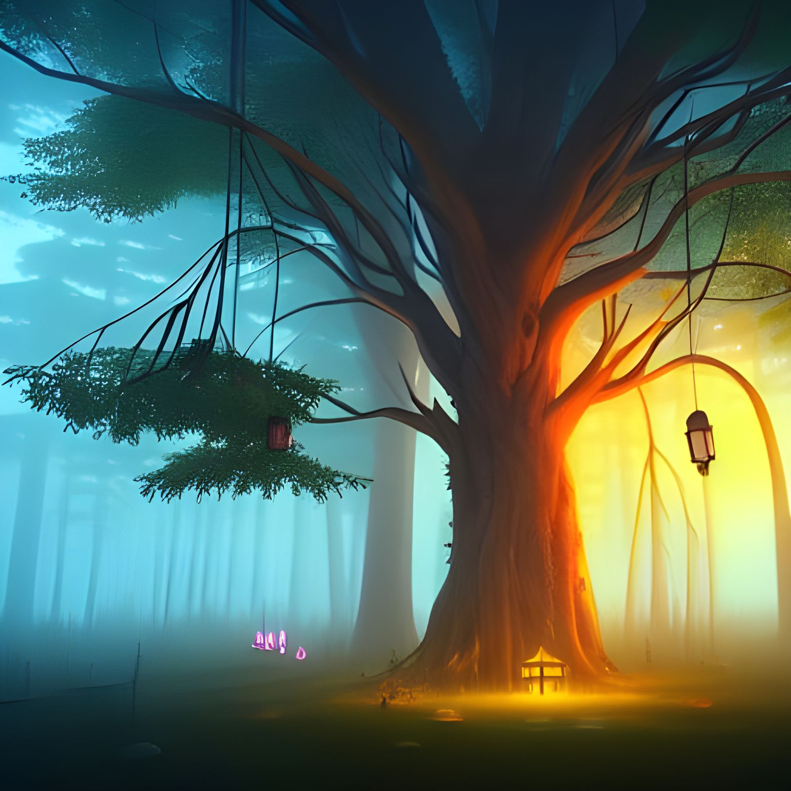 Mystical Tree with Lanterns in Ghibli Style