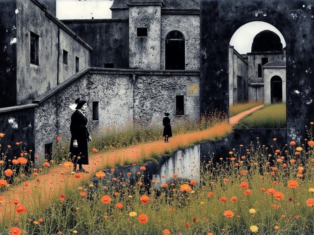 Steampunk Alley with Escher Staircases in Black and White