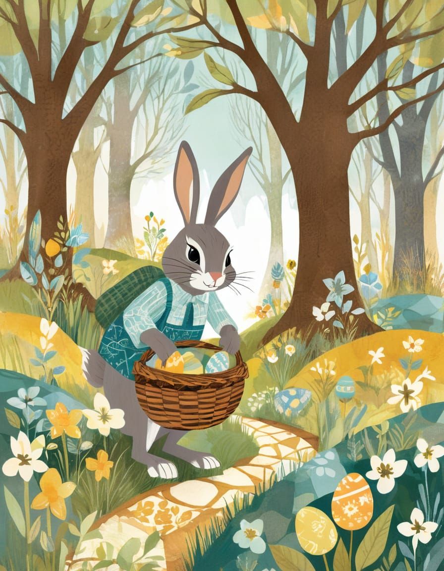Whimsical Easter Bunny in Storybook Woodland