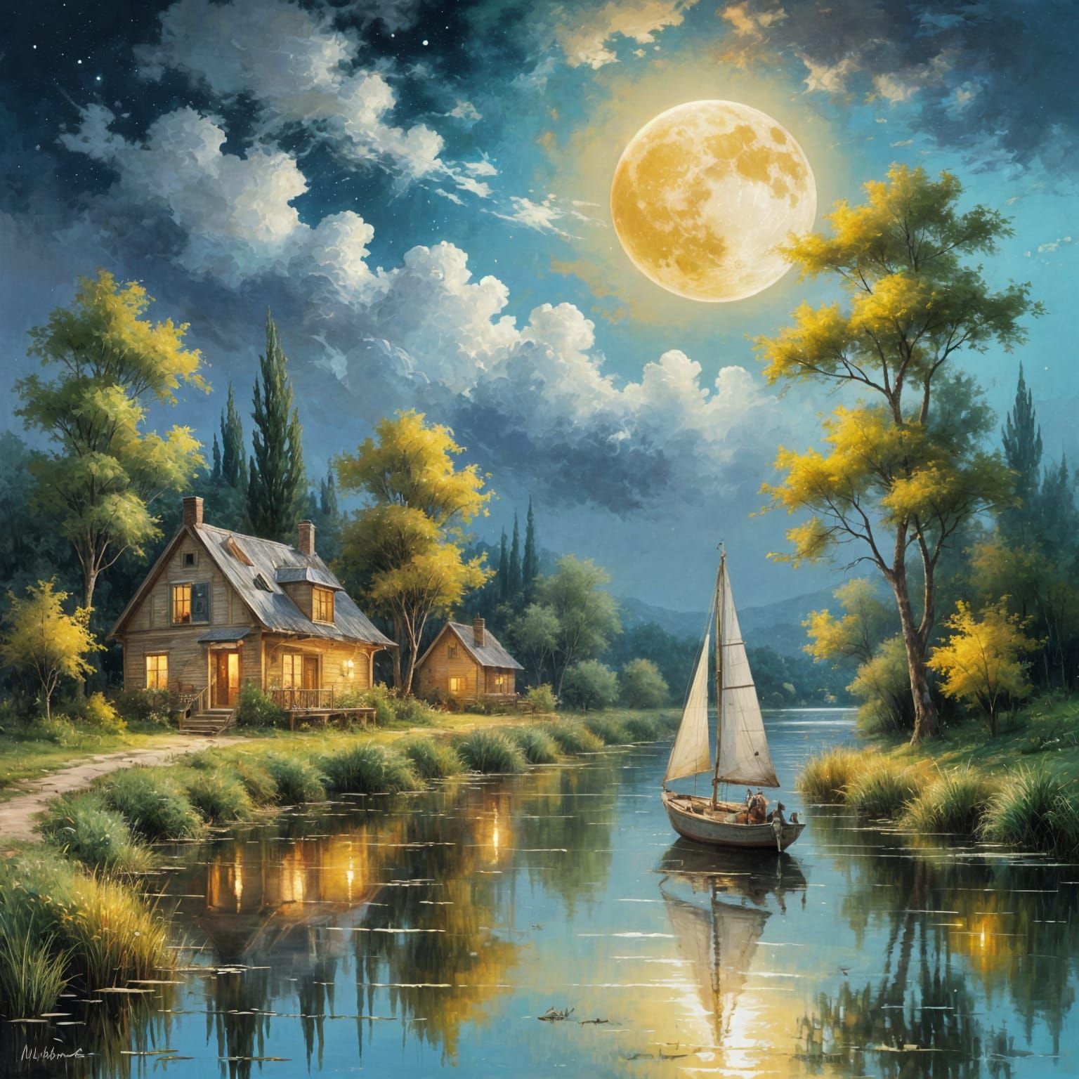 Impressionist River Landscape under Golden Full Moon