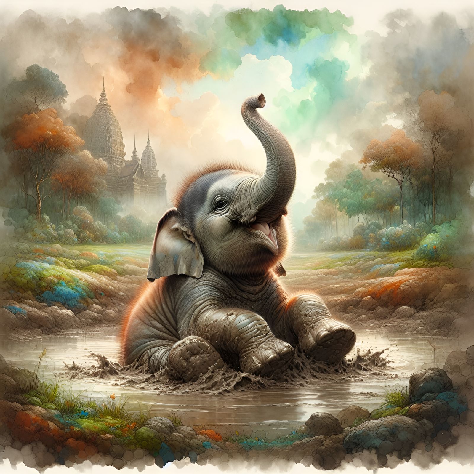 Joyful Elephant in Mud, Watercolor Magical Realism