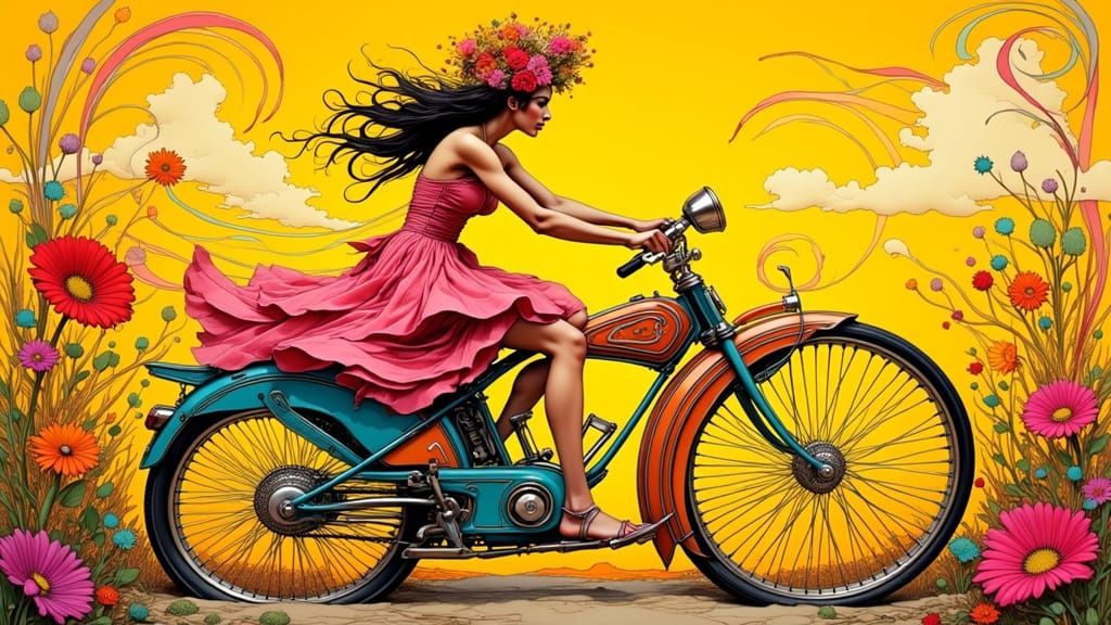 Eclectic Woman Rides Retro Bicycle with Floral Helmet