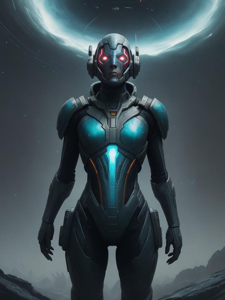 Sci-Fi Superhero in Cosmic Nebula, Ink Painting