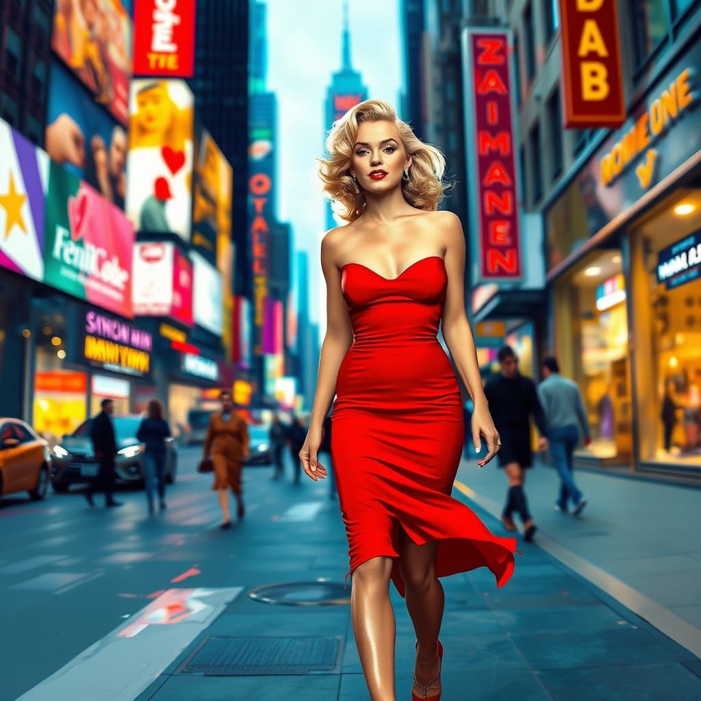 Confident Red Dress Beauty in New York City Splash Art
