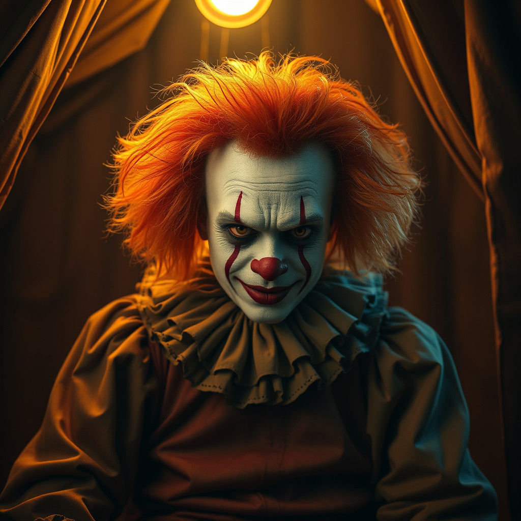 Melancholy Clown in Dimly Lit Carnival Tent