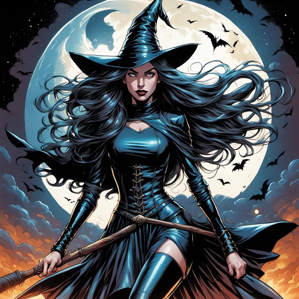 Young Witch in Latex Flying on Broomstick