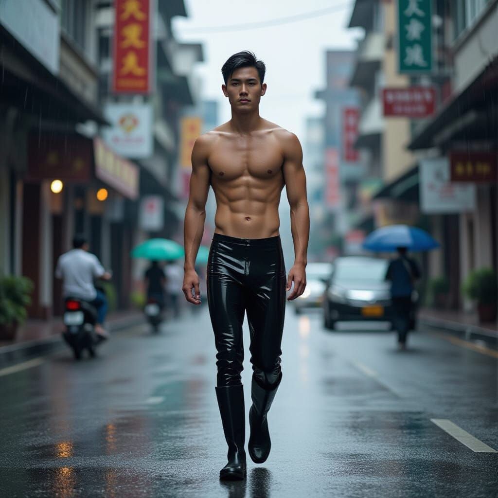 Man Walks on Rainy Bangkok Street
