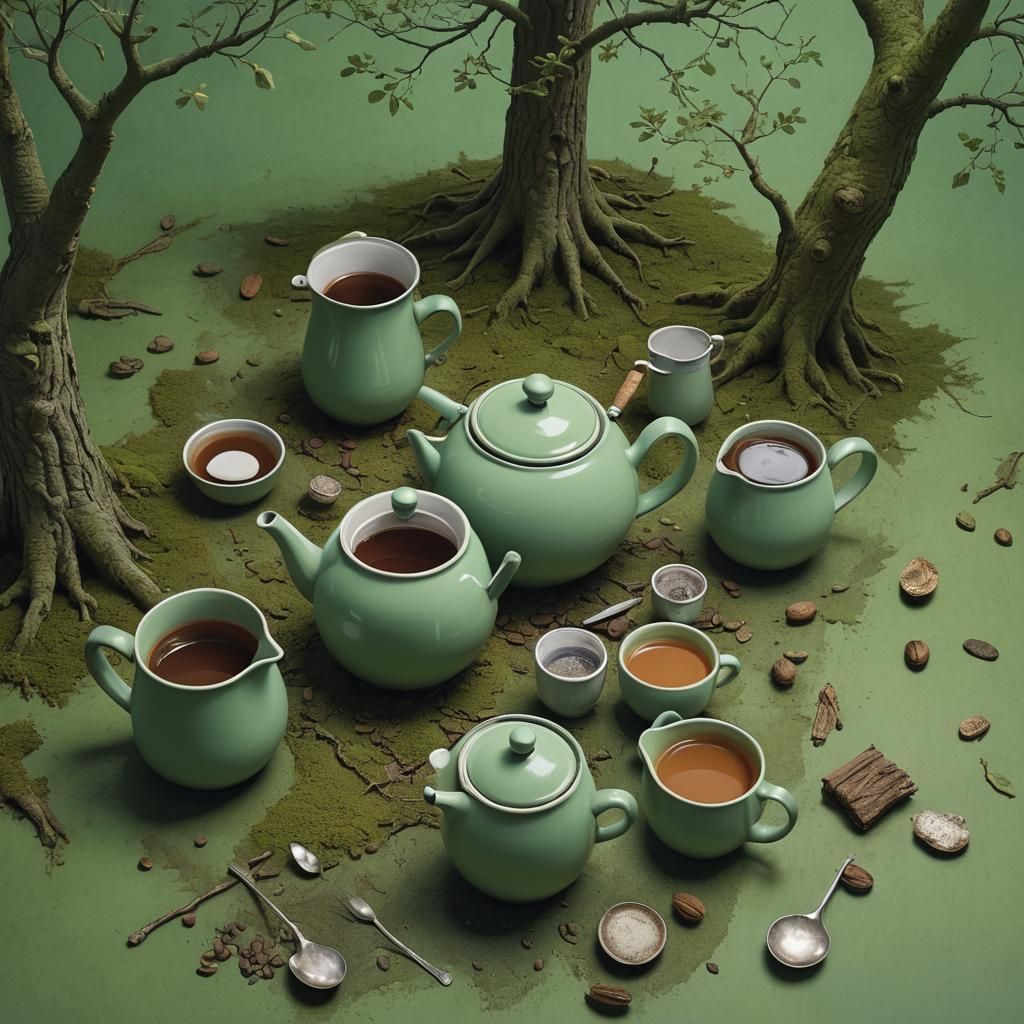 Green Tea Set Still Life in Fantasy Concept Art