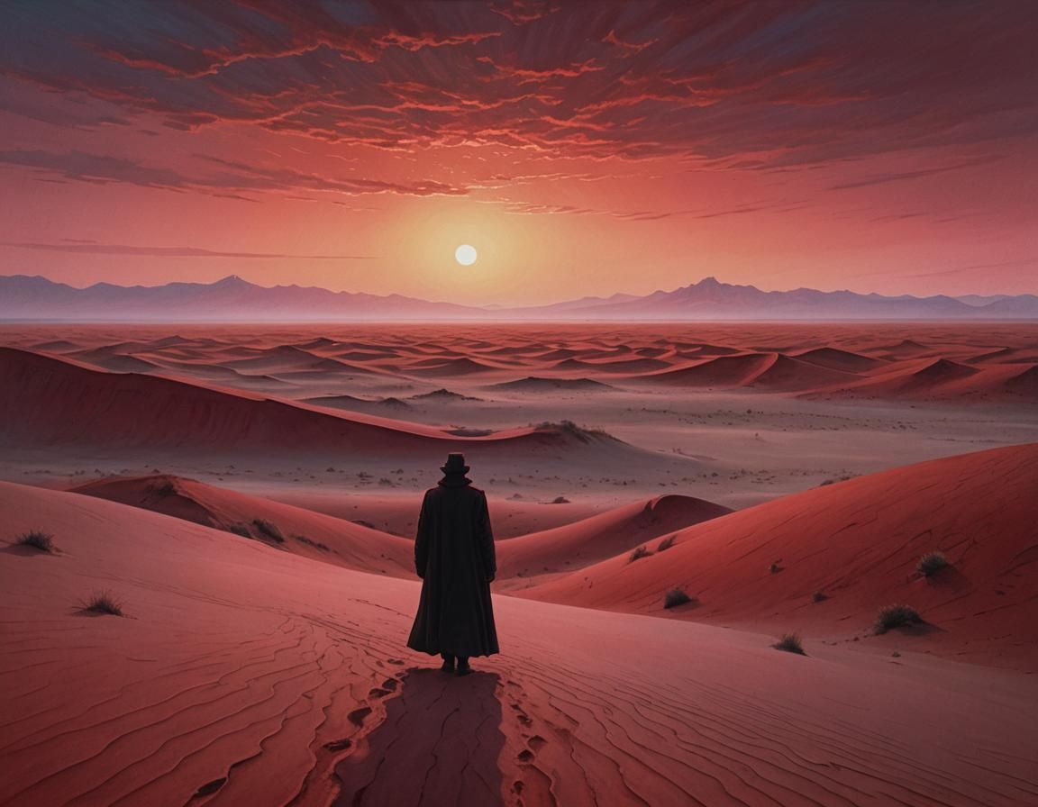 Crimson Desert Nomad in Surreal Landscape