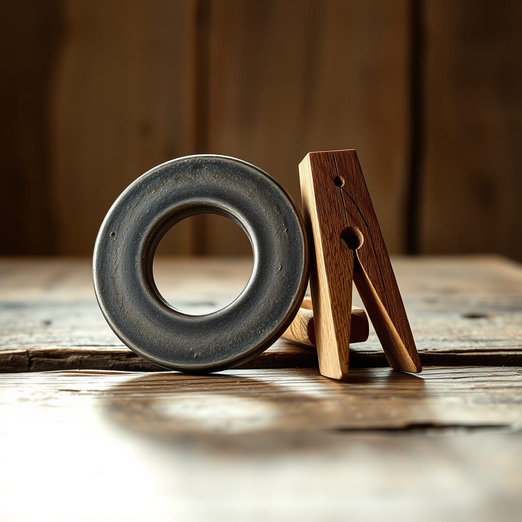 Rustic Still Life Composition: Metal Washer and Clothespin
