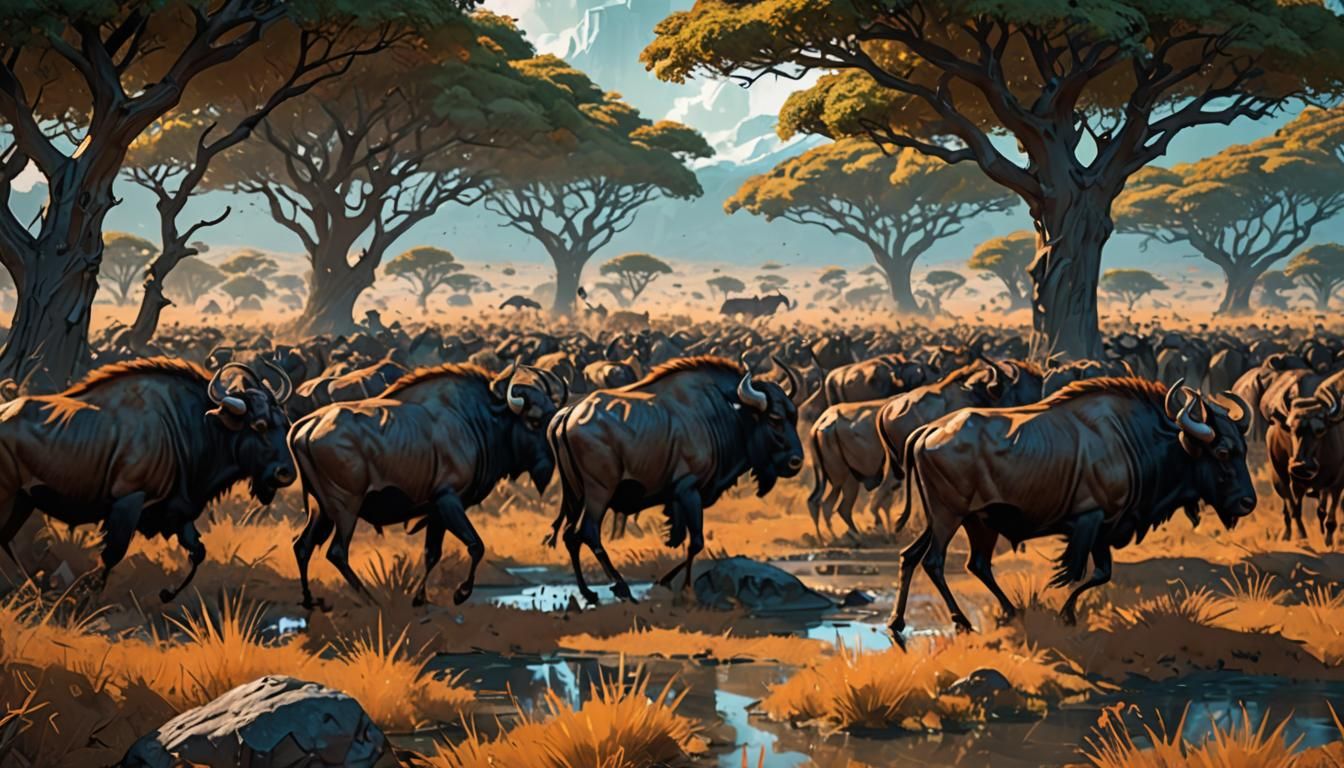 Wildebeest Migration in African Savanna, Hyperdetailed Conce...