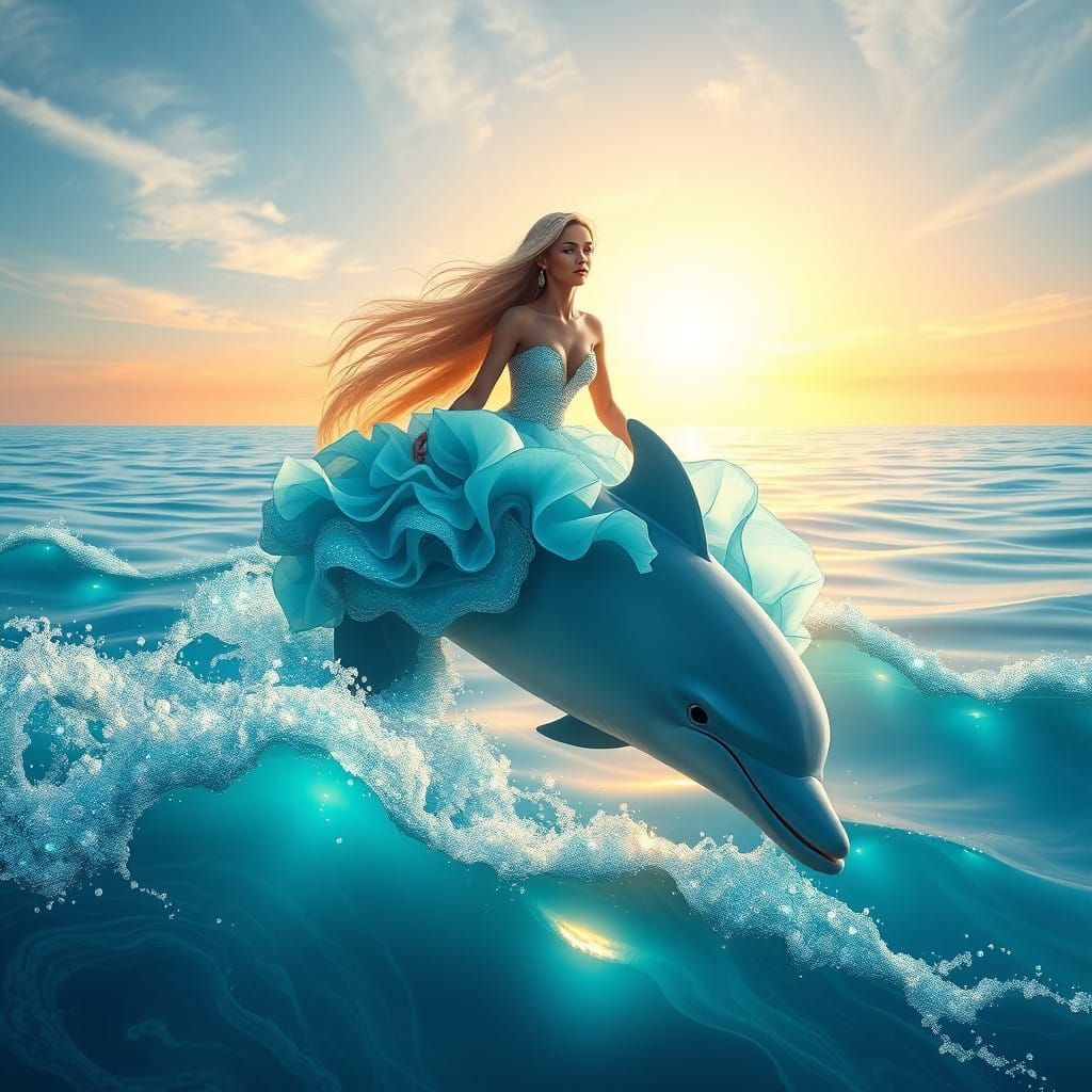 Mythical Ocean Goddess Riding Dolphin in Vibrant Underwater...