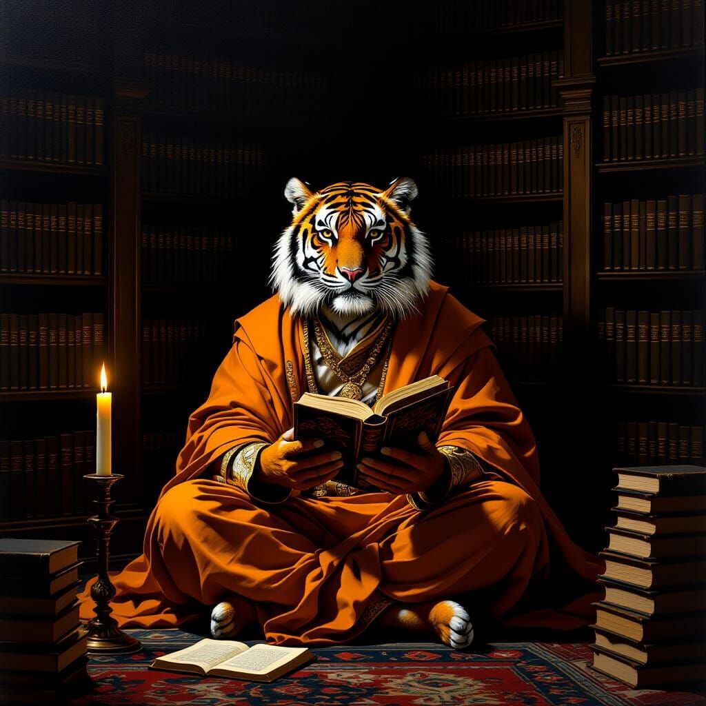 Tiger Scholar in Candlelit Library of Arcane Texts