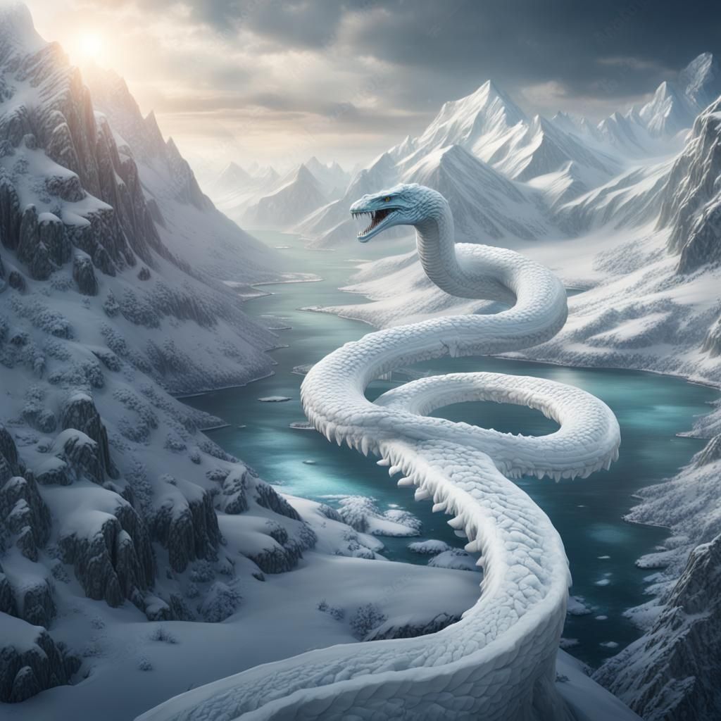 Ice Serpent Flies Above Winter Mountain