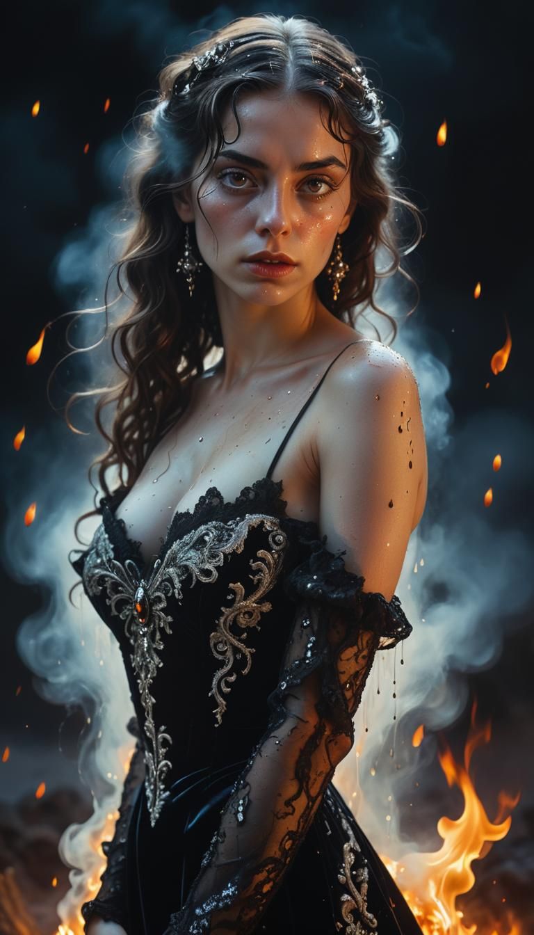 Gothic Woman in Burning Landscape: Baroque Oil Painting