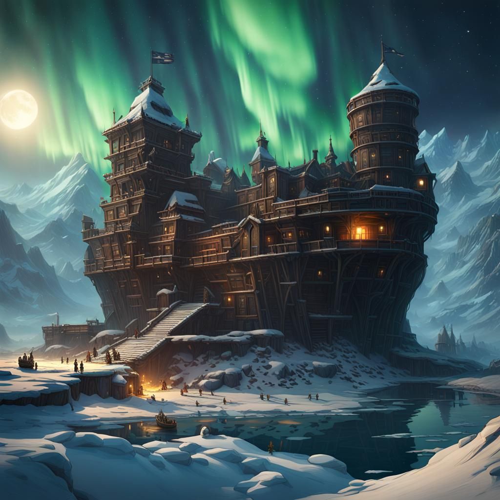 Majestic Arctic Ship Fortress Under Northern Lights