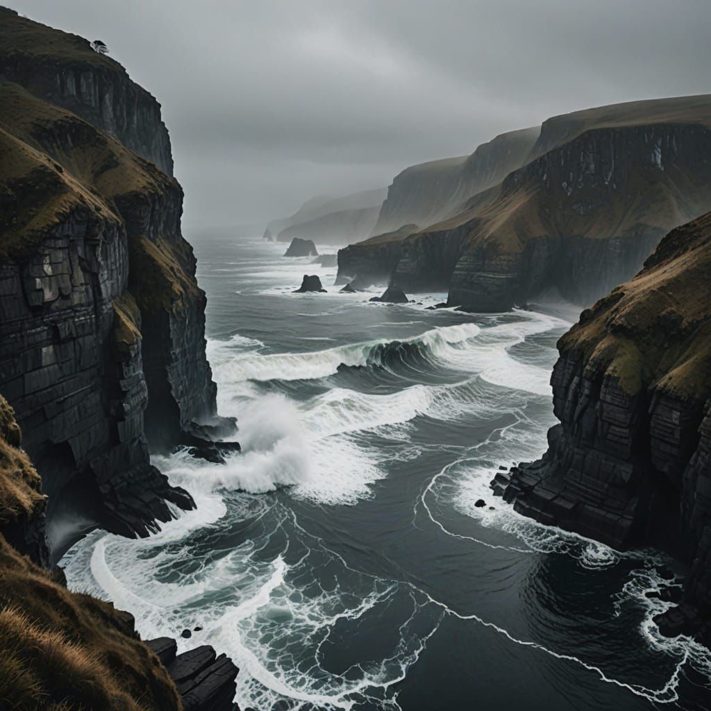 Misty Seascape with Crashing Waves in Impressionist Style