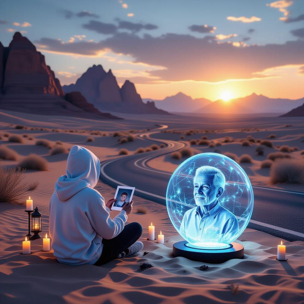 Futuristic Desert Road with Hologram Wanderer