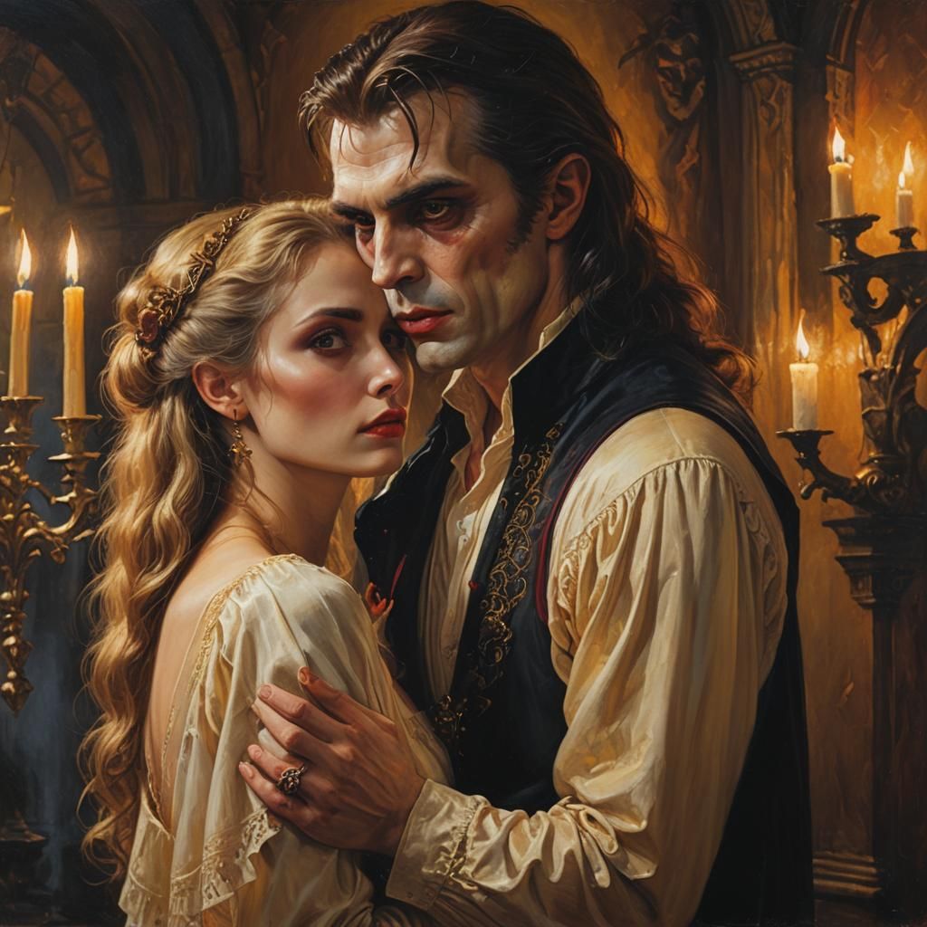 Romantic Vampire Embrace in Golden Light, Oil Painting