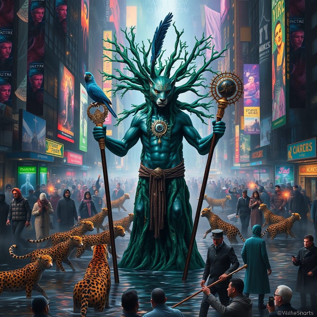 Leopard Shaman in Flooded City: Mystical Matte Painting