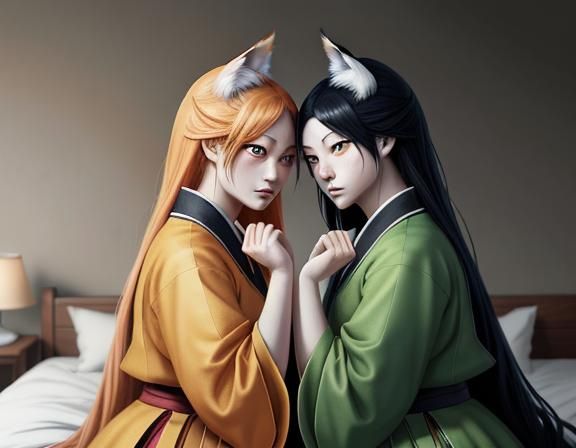 Kitsune Twins Kissing in Dark Fantasy Manga Style