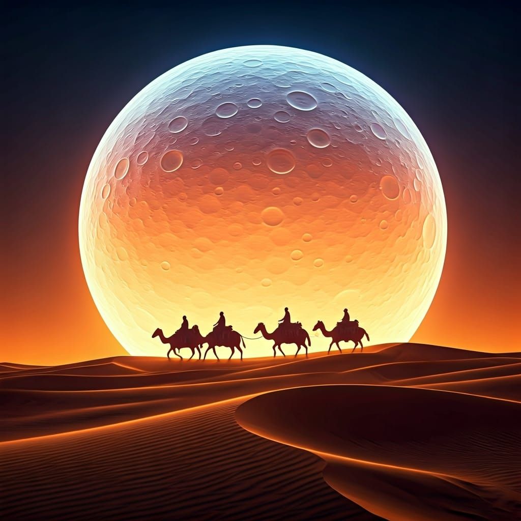 Desert Caravan Under a Luminous Sphere