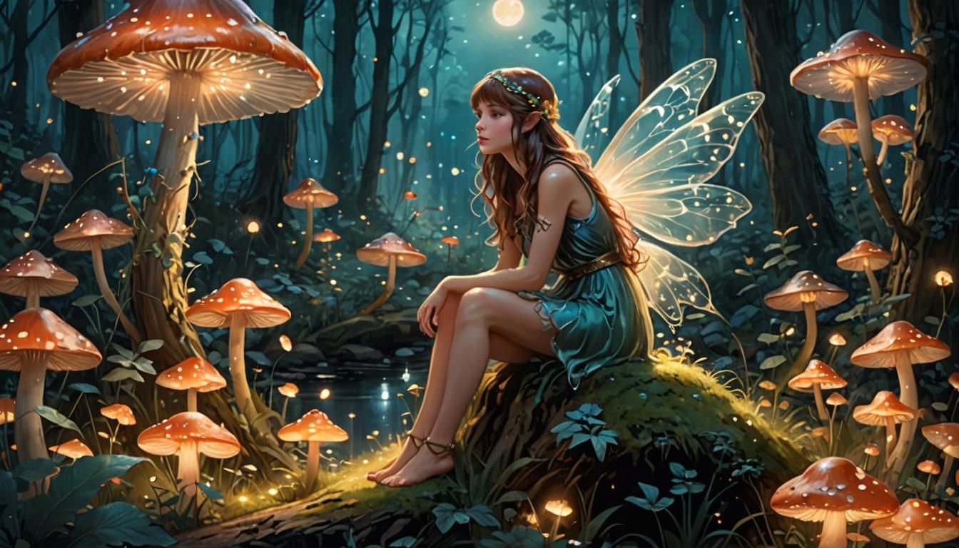 Moonlit Fairy on Mushroom, Pastoral Illustration